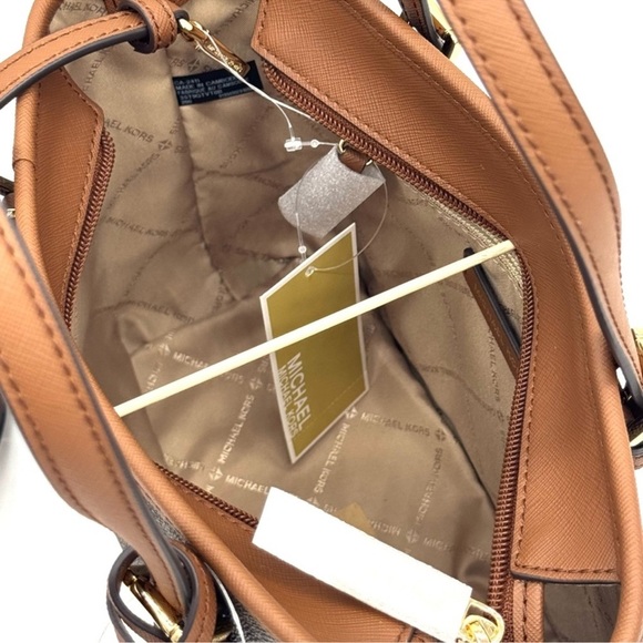 Michael Kors Jet Set Travel Extra-Small Logo Top-Zip lote Bag Brown Signature - Picture 9 of 10